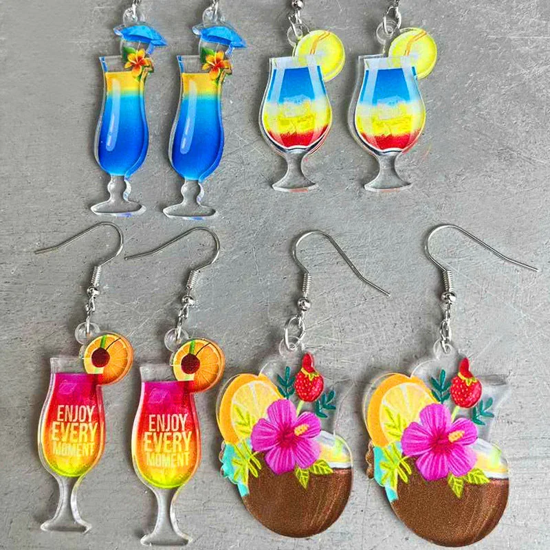 Drop Earrings with Vine Designs -Wholesale Acrylic Fun Cocktail Fruit Drink Party Earrings