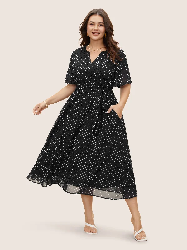 Plus size dresses featuring velvet textures feel plush -Stylish sandals for summer -Plus size summer dresses -Chiffon Polka Dot Ruffle Sleeve Dress