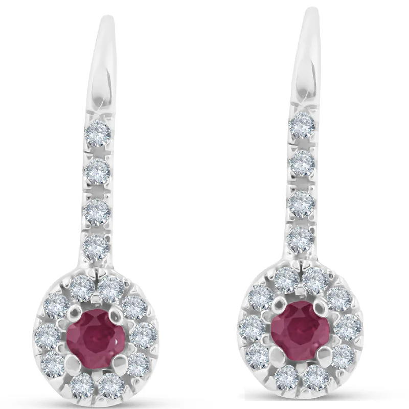 Studded Drop Earrings with Gemstones -1/4ct Ruby & Diamond Drop White Gold Earrings 14K White Gold