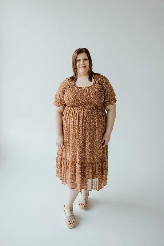 Plus size dresses with matte finishes stay subtle -Sandals for walking in the city -Plus size dresses with frill details -SMOCKED BODICE DRESS WITH KICK HEM IN HARVEST PUMPKIN