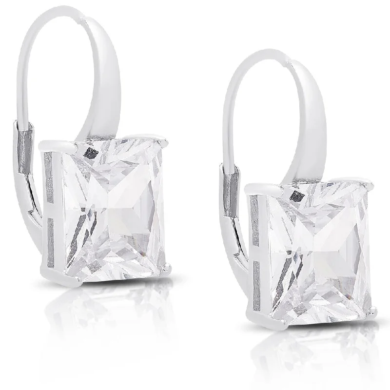 Retro Drop Earrings for Nostalgia -Dolce Giavonna Sterling Silver Cubic Zirconia Square Leverback Earrings