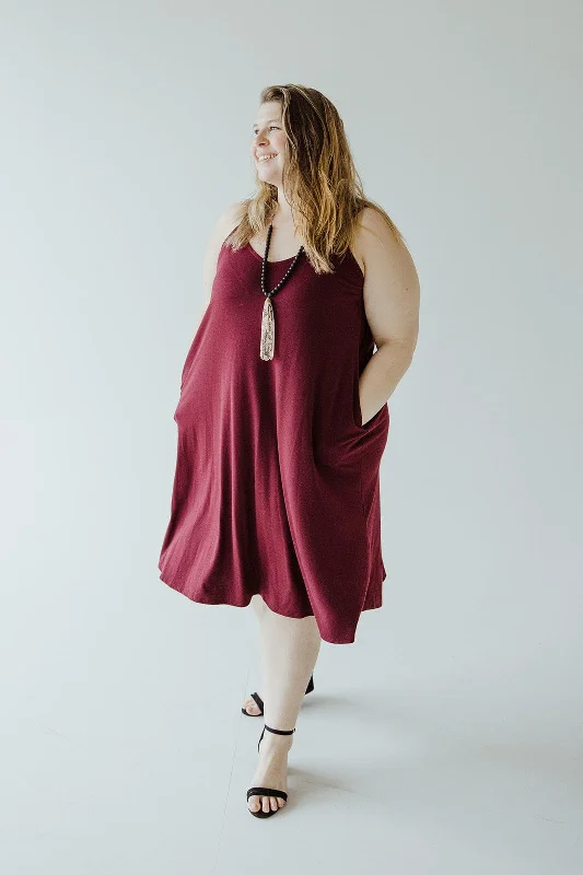 Plus size dresses with sleek necks stay elegant -Sandals with adjustable straps for comfort -Plus size dresses with asymmetrical hemline -KNEE LENGTH A-LINE CAMI DRESS IN BLACK RASPBERRY