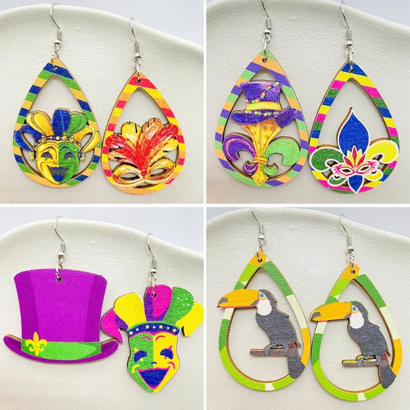 Drop Earrings for Concert Look -Wholesale Colorful Festival Exaggerated Mask Water Drop Hollow Wooden Earrings