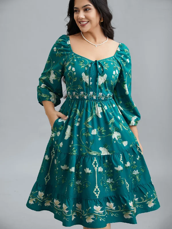 Plus size dresses with classic vibes never age -Sandals for running errands -Plus size dresses for hourglass figure -Floral Print Lantern Sleeve Tiered Midi Dress