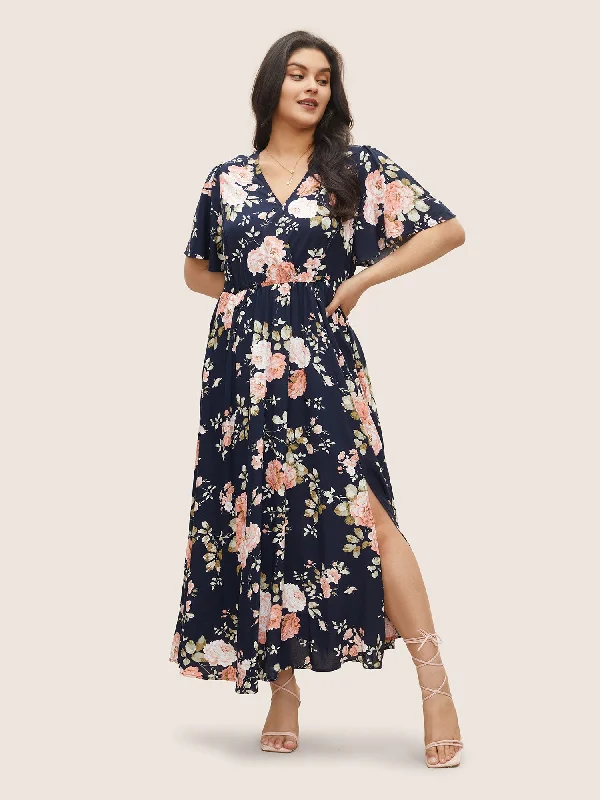 Plus size dresses with classic designs never fade -Comfortable sandals for women -Plus size dresses for women -Bloom Dress - Flutter Sleeve Ditsy Floral Pocket Split Maxi Dress