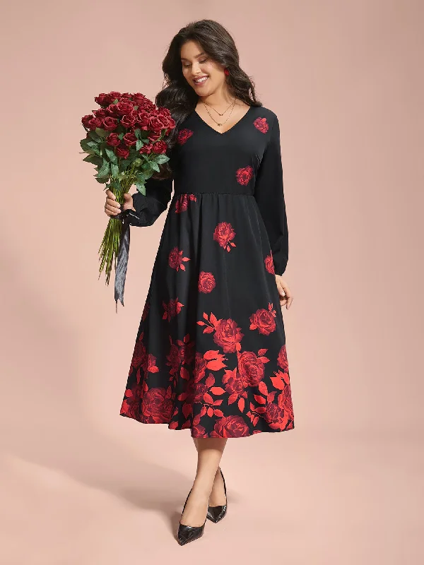 Classic plus size dresses in black suit everything -Sandals with ankle straps -Plus size wedding guest dresses -Rose Print Waist-Cinched Midi Dress