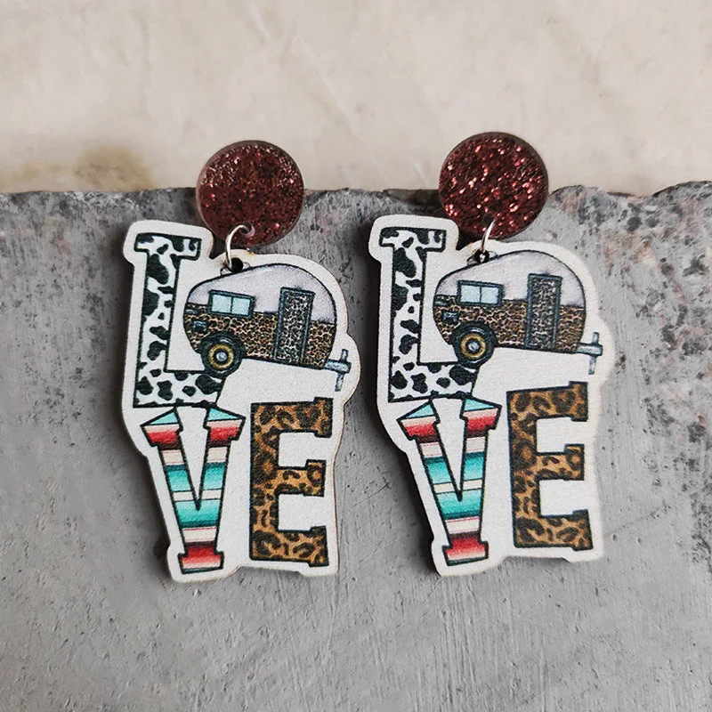 Geometric Drop Earrings for Trend -Wholesale Love Cow Print Leopard Print Campfire RV Camping Wooden Earrings