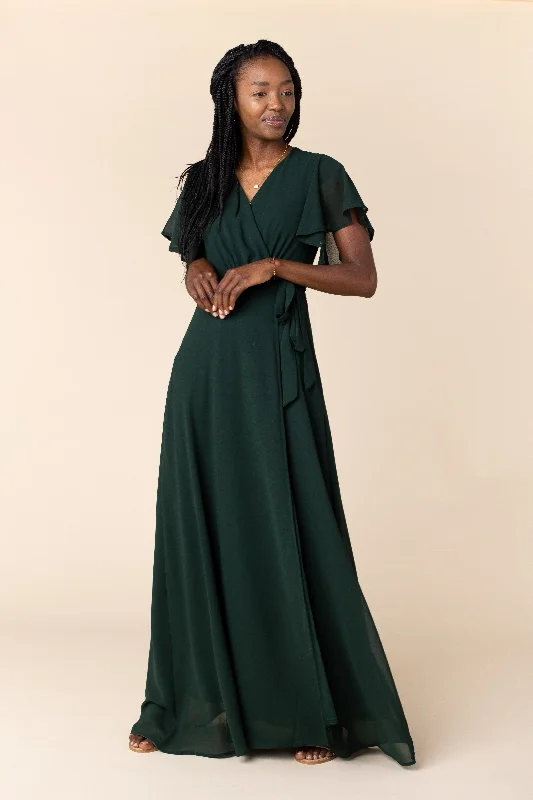 Plus size dresses with cap sleeves feel dainty -Women's sandals for beach parties -Plus size dresses for travel -Naples Flutter Sleeve Wrap Maxi - Forest Green