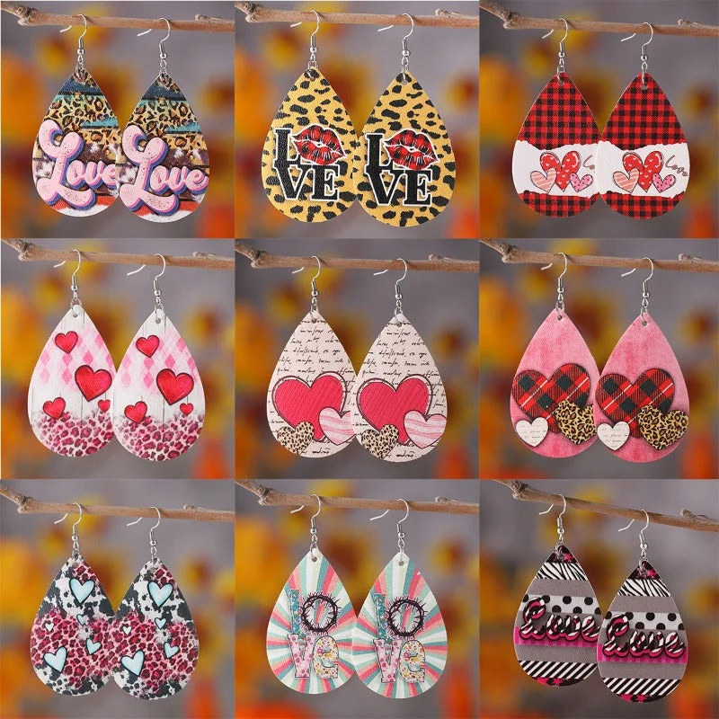 African Drop Earrings with Culture -Wholesale Valentine's Day Love Leopard Heart Water Drop Pendant PU Double-sided Valentine's Day Earrings