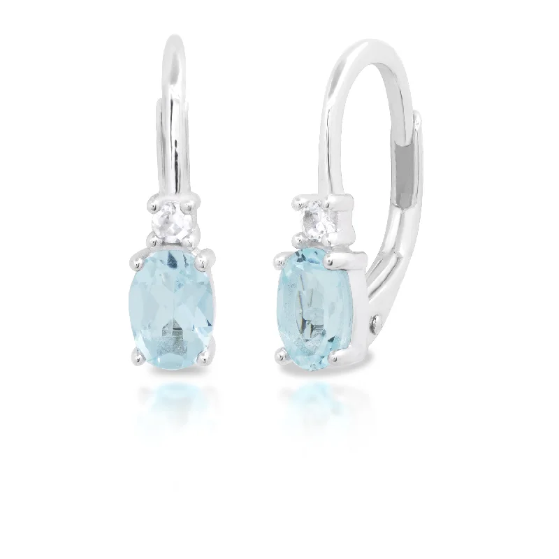 Drop Earrings for Party Look -Sterling Silver Oval Cut 4x6MM Aquamarine and White Sapphire Leverback Earrings