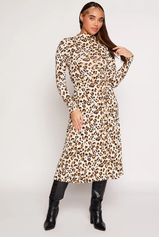 Plus size dresses with wide belts define waists -Sandals with wide toe straps -Plus size dresses for plus size teens -Leopard Print Tie Waist Belted Midi Dress