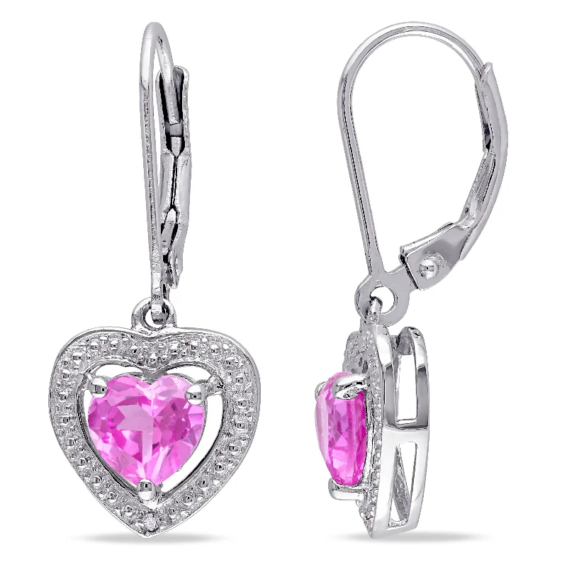 Crystal and Pearl Drop Earrings for Glamour -Mimi & Max Halo Diamond and Heart Shaped Created Pink Sapphire Leverback Earrings in Sterling Silver