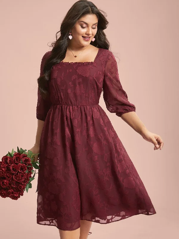 Chic plus size dresses for evenings drape perfectly -Women's leather sandals -Plus size party dresses -Floral Frill Trim Stretchy-Waist Sheer Midi Dress