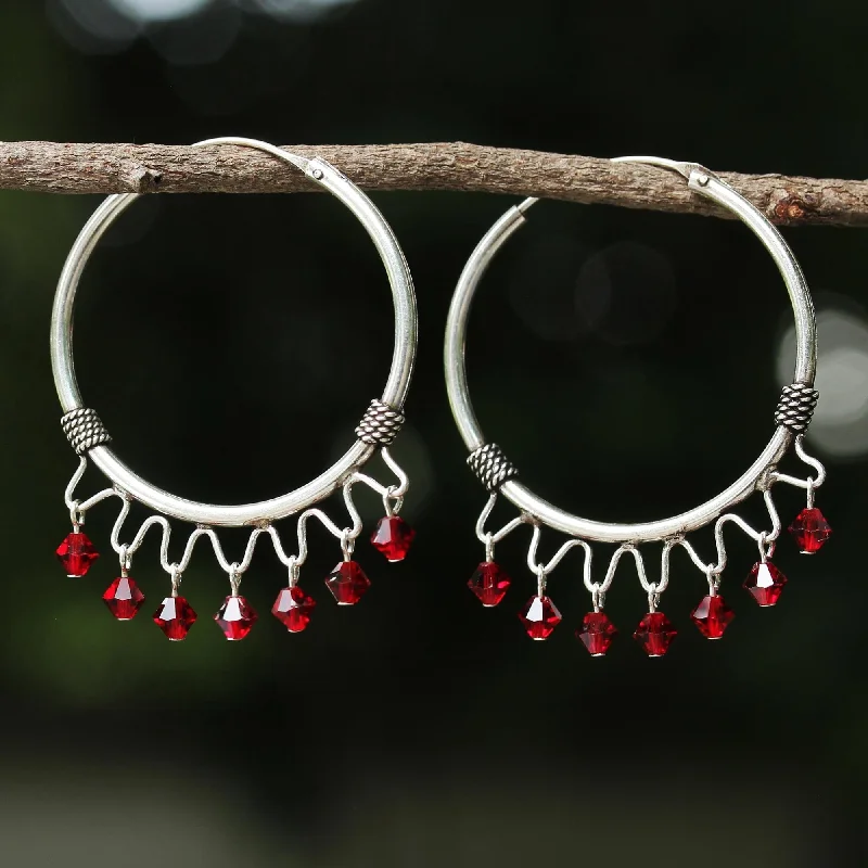 Silver Drop Earrings for Men -Novica Handmade Classic Red Sterling Silver Hoop Earrings