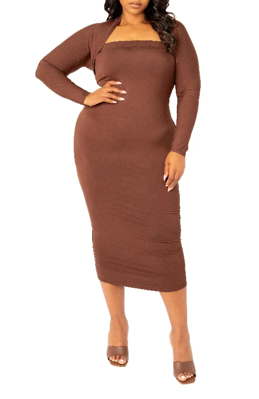 Plus size dresses with high waists define curves -Wide width sandals for women -Plus size dresses with pockets -Modal Tube Dress and Shrug Set