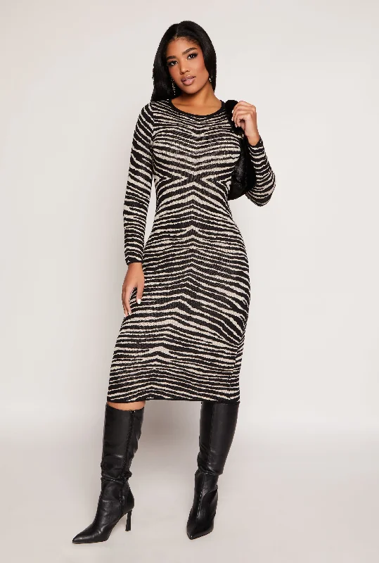 Plus size dresses with A-line cuts flatter curves -Comfortable sandals for office wear -Plus size dresses for baby showers -Almost Famous Zebra Lace Up Back Sweater Dress