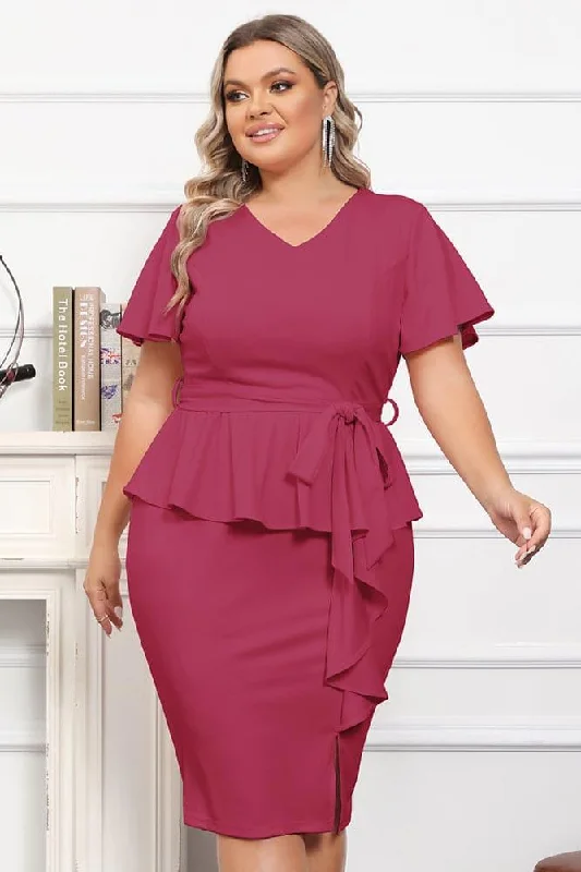 Plus size dresses for bridal parties glow elegantly -Sandals for comfortable sightseeing trips -Plus size dresses for modern women -Twinset  OL Short Sleeve Front Slit Bodycon Dress