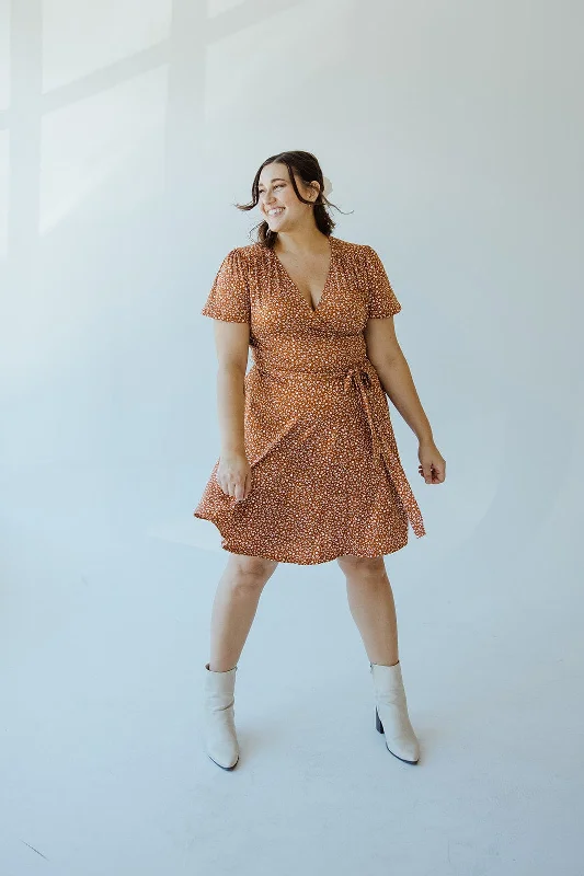 Plus size dresses featuring satin finishes feel smooth -Sandals with leather straps -Plus size dresses for family gatherings -SUPER SOFT DAINTY FLORAL WRAP DRESS IN RUST