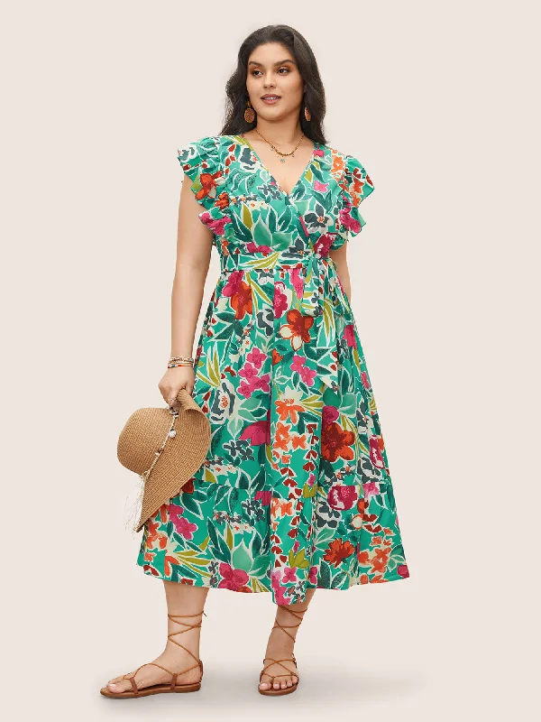 Plus size dresses for spring bloom with grace -Women's leather sandals -Plus size party dresses -Floral Wrap Patchwork Ruffle Cap Sleeve Dress