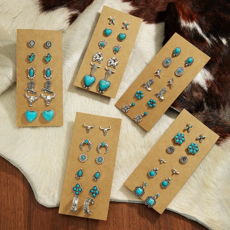 Drop Earrings for Christmas Party -Wholesale Retro Ethnic Style Turquoise Flower Denim Cactus Alloy Earrings