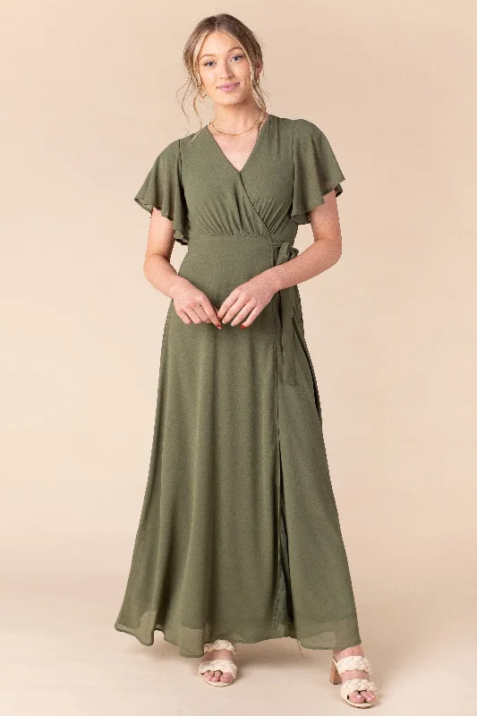 Plus size dresses with V-necks elongate figures -Comfort sandals with foot arch support -Plus size dresses with ruffles -Naples Flutter Sleeve Wrap Maxi - Moss