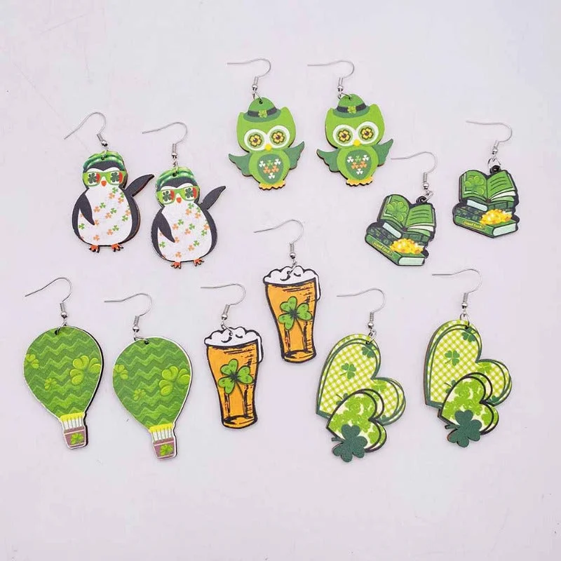 Drop Earrings for Casual Outfit -Wholesale St. Patrick's Day Irish Clover Penguin Owl Wooden Earrings