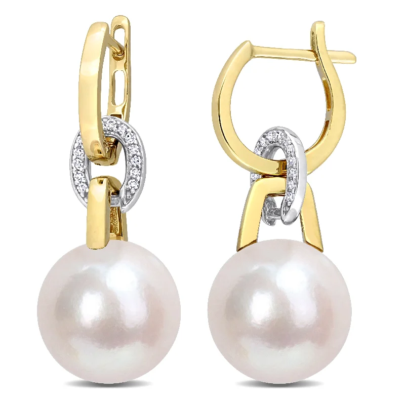 Drop Earrings with Animal Motifs -Mimi & Max 11 12mm Cultured Freshwater Pearl & 1/10ct TDW Diamond Earrings in 14k Yellow and White Gold