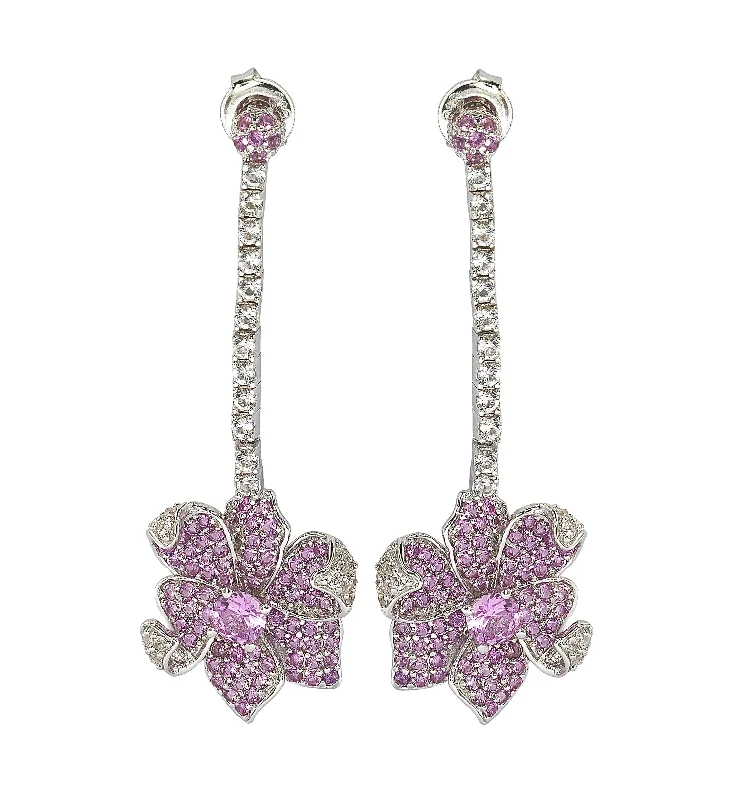 Lightweight Drop Earrings for All Day -Suzy Levian Sterling Silver Pink Sapphire and Diamond Accent Flower Earrings