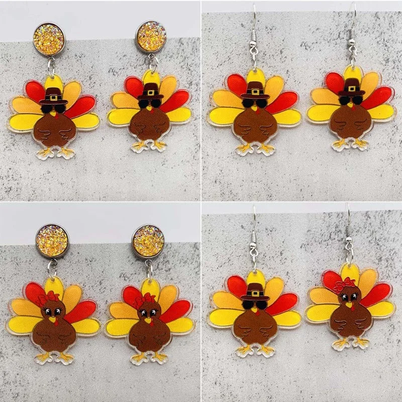 Drop Earrings for Engagement Party -Wholesale Thanksgiving Turkey Acrylic Personalized Fashion Turkey Asymmetric Pendant Earrings