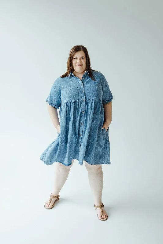 Plus size dresses with scoop necklines feel classic -Women's sandals with arch support -Plus size maxi dresses -CHAMBRAY BUTTON FRONT KNEE LENGTH DRESS