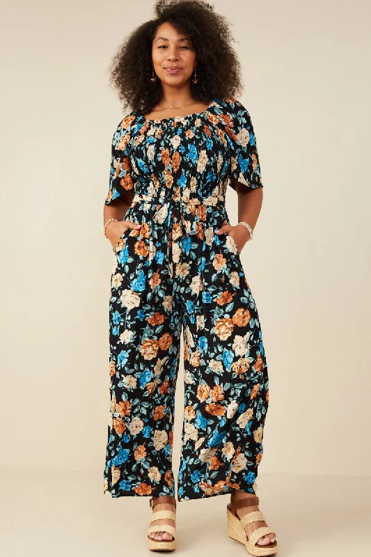 Plus size dresses featuring animal prints feel wild -Boho sandals for summer style -Plus size dresses with satin ribbon -Romantic Floral Self Tie Wide Leg Jumpsuit