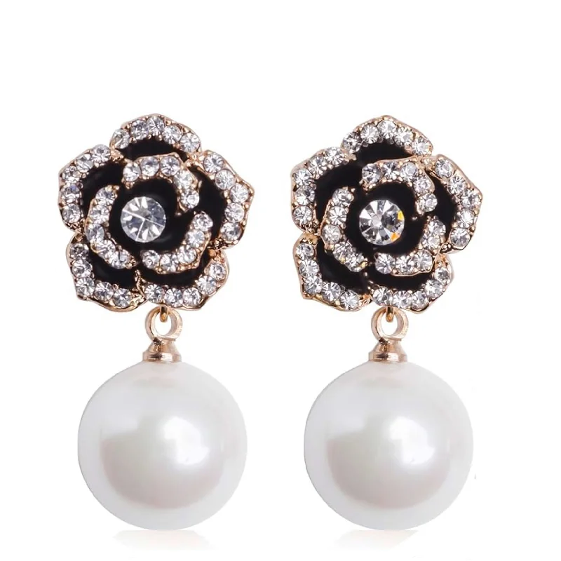 Oval Drop Earrings for Grace -18K Gold Black Rose Embellished Pearl Drop Earrings