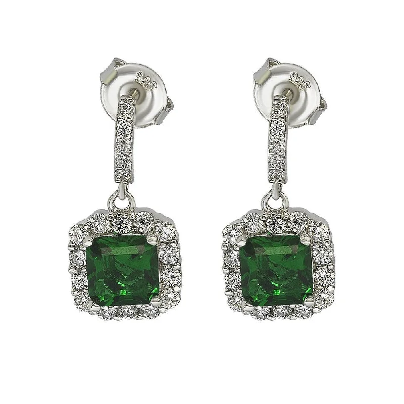 Drop Earrings for Valentine's Day -Suzy Levian Sterling Silver Green and White Cubic Zirconia Asscher Cut Drop Earrings