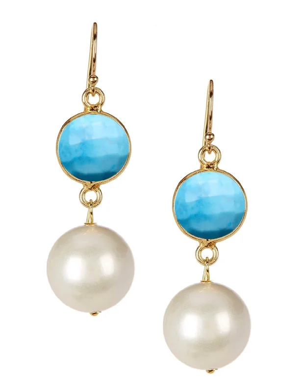 Drop Earrings with Keyhole Designs -18k Gold Plated Turquoise & Pearl Drop Earrings