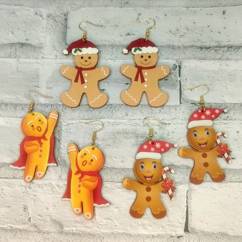 Gemstone and Diamond Drop Earrings for Opulence -Wholesale Christmas Gingerbread Man Wooden Cutting Color Printing Creative Cartoon Man Earrings