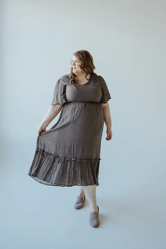 Plus size dresses with sturdy zippers stay secure -Comfortable sandals with elastic bands -Plus size dresses with button-down style -TEXTURED FLUTTER SLEEVE DRESS WITH KICK HEM IN SMOKY OLIVE