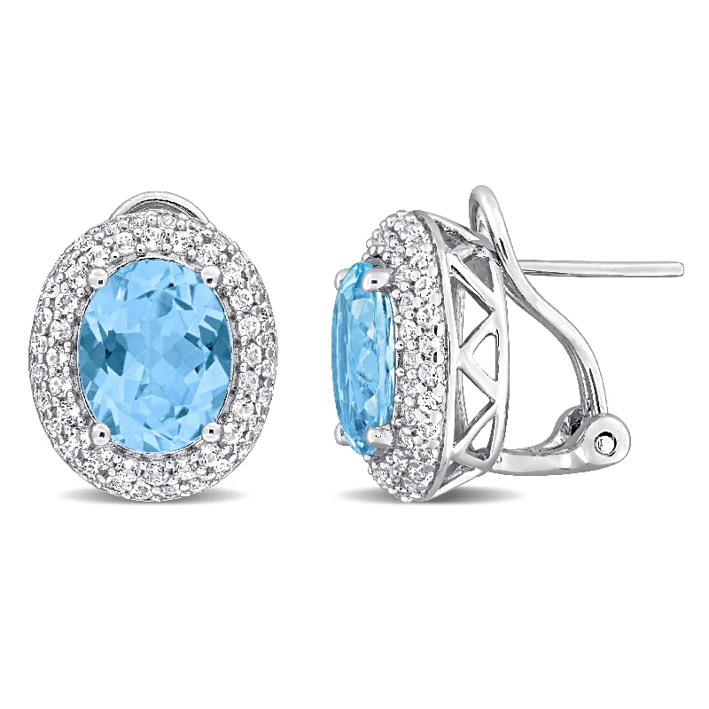 Drop Earrings for Festival Style -Mimi & Max 8 5/8ct TGW Oval-Cut Sky Blue and White Topaz Double Halo Leverback Earrings in Sterling Silver