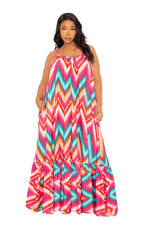 Plus size dresses for casual Fridays stay relaxed -Trendy sandals for women -Affordable plus size dresses -Chevron Voluminous Maxi Dress