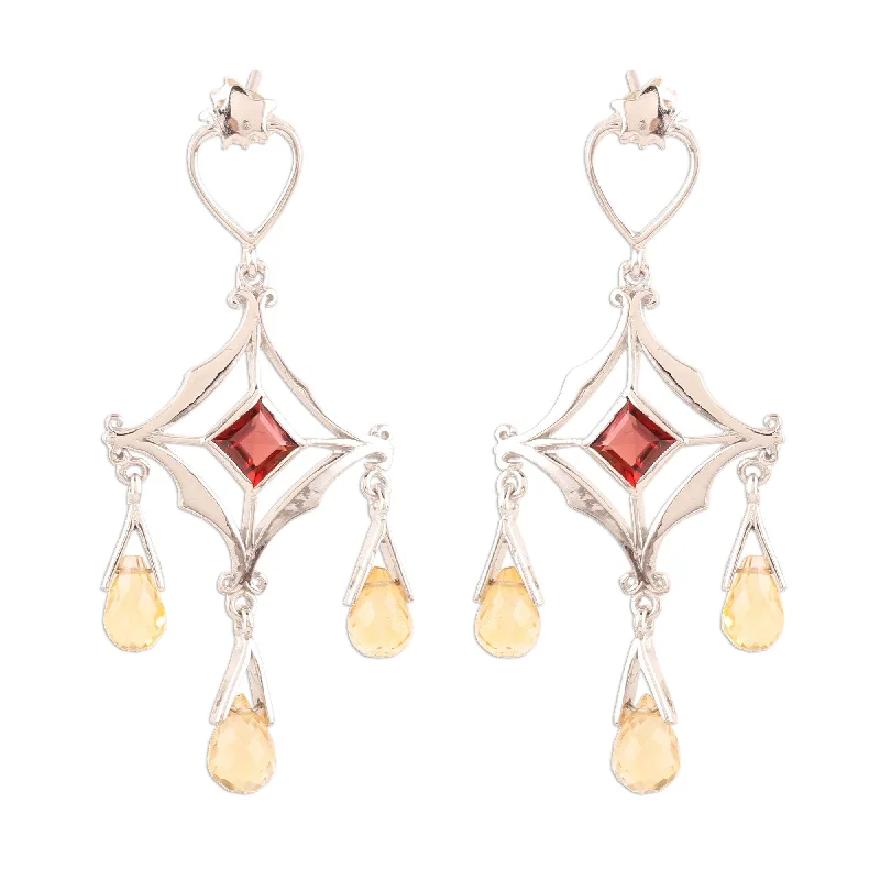 Indian Drop Earrings with Intricacy -Novica Handmade Glamorous Citrine And Garnet Chandelier Earrings