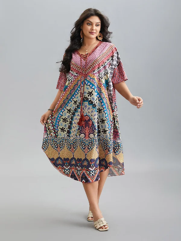 Plus size dresses with strong stitching last years -Sandals with foot cushioning for comfort -Plus size empire waist dresses -Boho Print Ties Slit Curved Hem Midi Dress