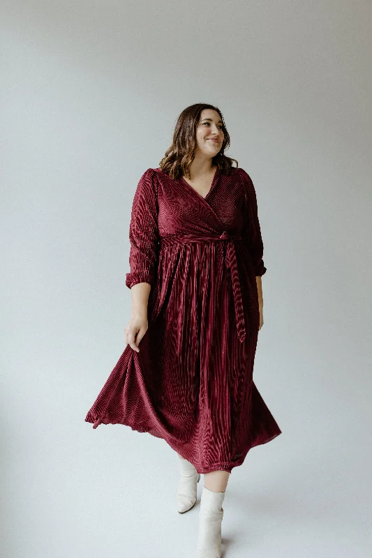 Plus size dresses featuring tiered skirts feel fun -Sandals for women with bunions -Plus size dresses with pleats -MIDI LENGTH FAUX WRAP PLISSE DRESS IN HOLLY BERRY