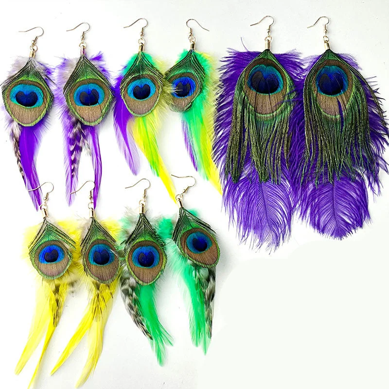 Short Drop Earrings for Subtle -Wholesale Feather Purple Yellow Green Peacock Feather Wild Atmosphere Earrings