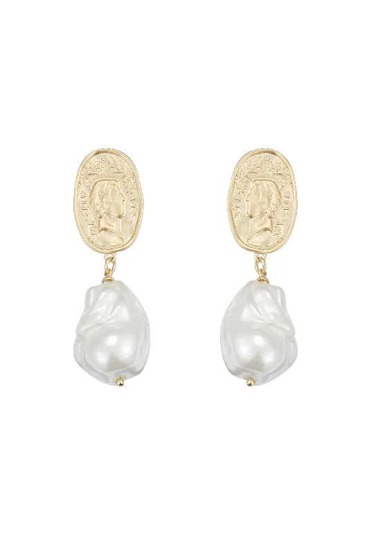 Large Drop Earrings for Statement -Matted Gold Sculpted Oversized Baroque Pearl Drop Earrings