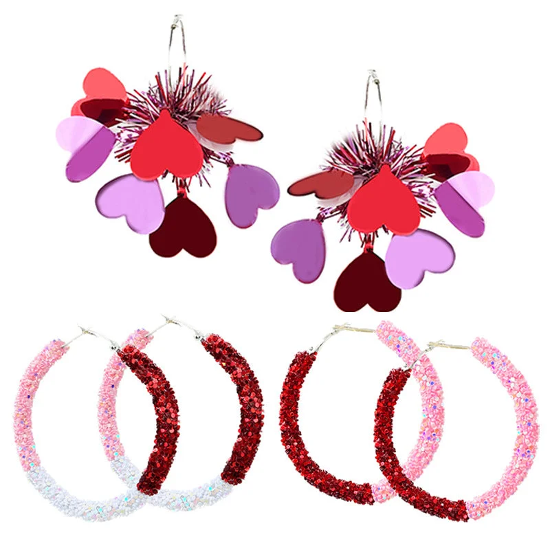 Maximalist Drop Earrings for Bling -Wholesale Valentine's Day Love Sequin Party Glitter Pink and Pink Color Exaggerated Earrings