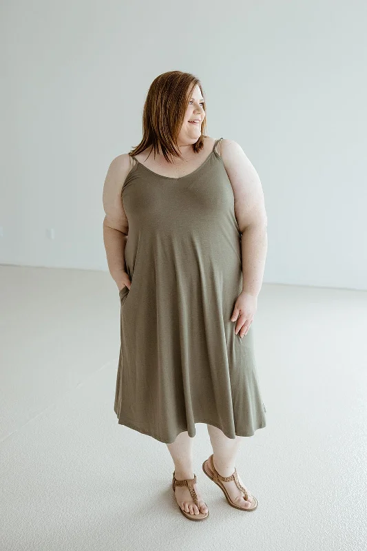 Plus size dresses featuring chevron prints are sharp -Sandals with platform soles -Plus size dresses with sequin details -KNEE LENGTH A-LINE CAMI DRESS IN MOUNTAIN OLIVE