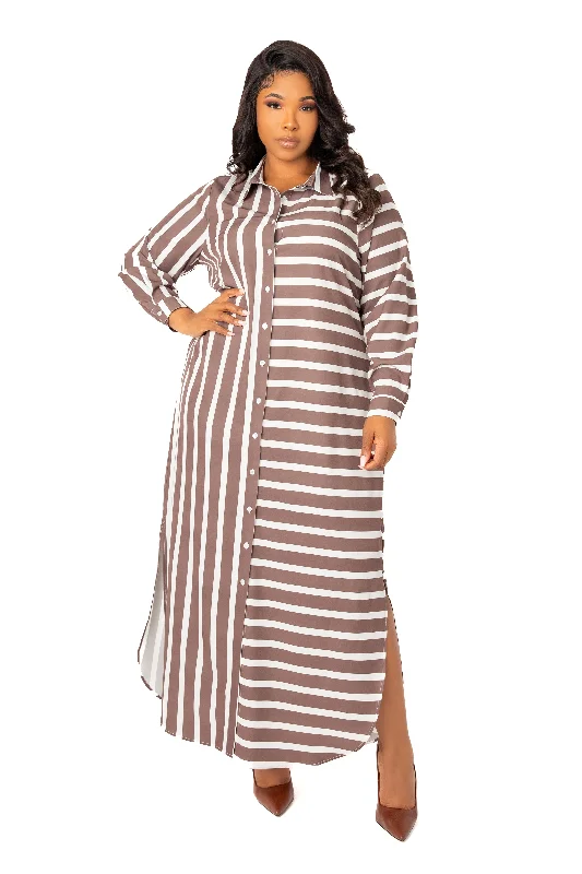 Plus size dresses featuring earthy tones are grounding -Sandals for walking on sand -Plus size dresses with wide straps -Mixed Stripe Maxi Shirt Dress