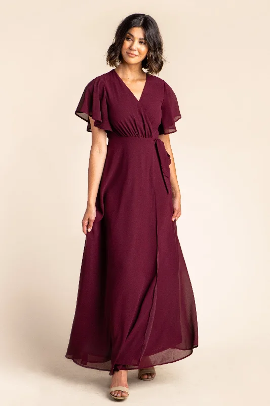 Plus size dresses with lightweight materials feel easy -Sandals for summer music festivals -Plus size dresses for picnics -Naples Flutter Sleeve Wrap Maxi - Burgundy