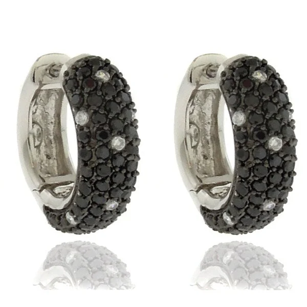 Screw Back Drop Earrings for Security -Dolce Giavonna Silver Overlay Cubic Zirconia Black and White Dotted Hoop Earrings