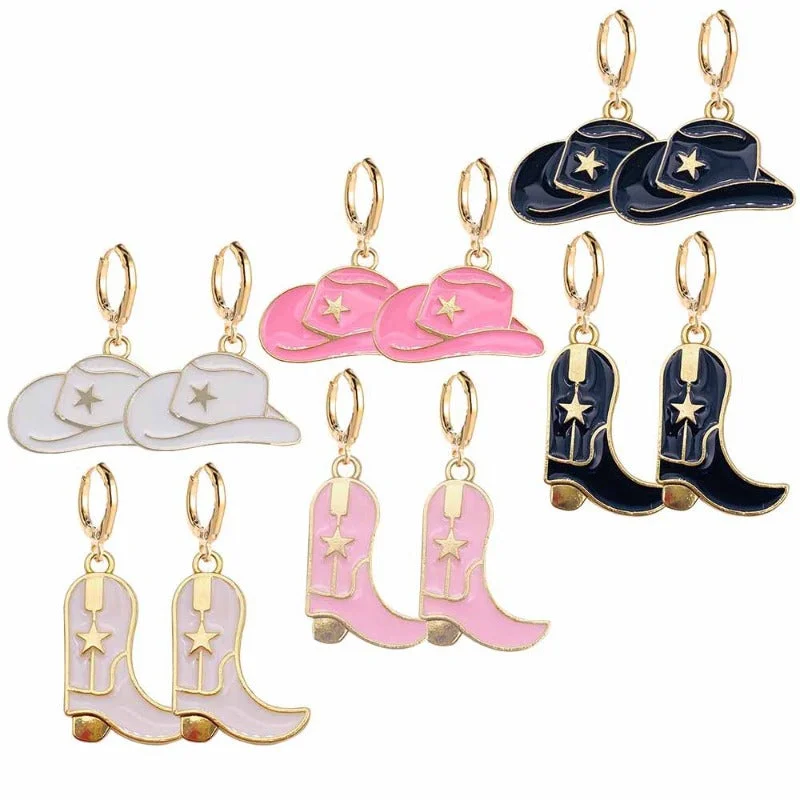 Drop Earrings with Textured Surface -Wholesale Retro Cowboy Boots Fashion Hat Alloy Drip Oil Pendant Earrings