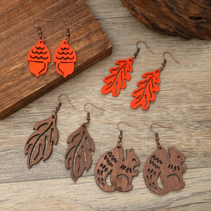 Drop Earrings for Formal Attire -Wholesale Hollow Wooden Squirrel Maple Leaf Personalized Retro Ethnic Style Earrings